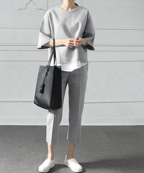 セットアップ レイヤード風カットソー春夏 重ね着風トップス シンプル 7分袖スウェットトップス 七分丈センタープレスパンツ 大人カジュア2点セット ゆったり韓国風 84DAIW-009