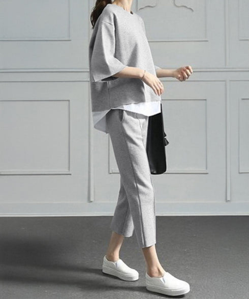 セットアップ レイヤード風カットソー春夏 重ね着風トップス シンプル 7分袖スウェットトップス 七分丈センタープレスパンツ 大人カジュア2点セット ゆったり韓国風 84DAIW-009