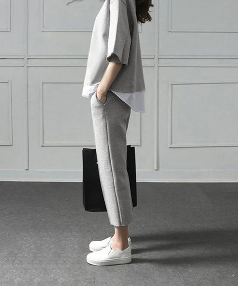 セットアップ レイヤード風カットソー春夏 重ね着風トップス シンプル 7分袖スウェットトップス 七分丈センタープレスパンツ 大人カジュア2点セット ゆったり韓国風 84DAIW-009
