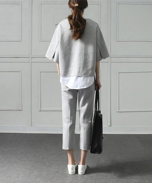 セットアップ レイヤード風カットソー春夏 重ね着風トップス シンプル 7分袖スウェットトップス 七分丈センタープレスパンツ 大人カジュア2点セット ゆったり韓国風 84DAIW-009