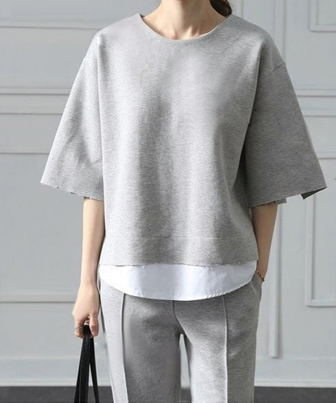 セットアップ レイヤード風カットソー春夏 重ね着風トップス シンプル 7分袖スウェットトップス 七分丈センタープレスパンツ 大人カジュア2点セット ゆったり韓国風 84DAIW-009