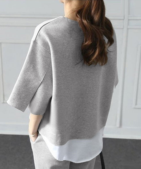 セットアップ レイヤード風カットソー春夏 重ね着風トップス シンプル 7分袖スウェットトップス 七分丈センタープレスパンツ 大人カジュア2点セット ゆったり韓国風 84DAIW-009