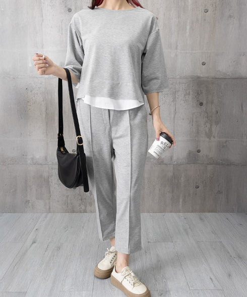 セットアップ レイヤード風カットソー春夏 重ね着風トップス シンプル 7分袖スウェットトップス 七分丈センタープレスパンツ 大人カジュア2点セット ゆったり韓国風 84DAIW-009