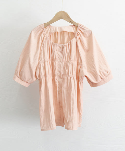 半袖シャツブラウス シャーリングトップス レディース パフスリーブブラウス 体型カバー ゆったり 大人可愛い 前開きブラウス お洒落 着やせ ラグランスリーブ夏服 84DLV-012