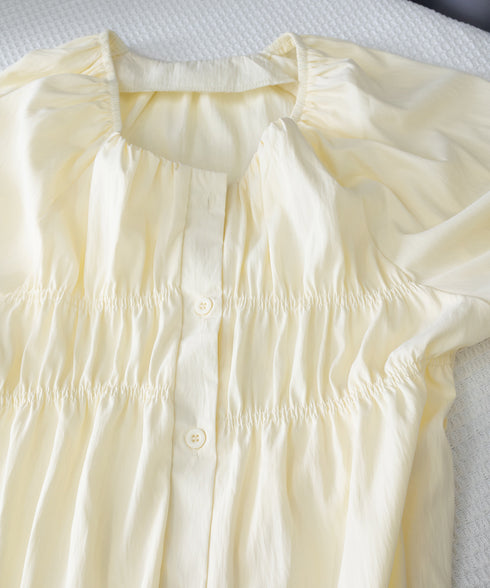 半袖シャツブラウス シャーリングトップス レディース パフスリーブブラウス 体型カバー ゆったり 大人可愛い 前開きブラウス お洒落 着やせ ラグランスリーブ夏服 84DLV-012