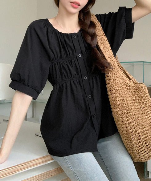 半袖シャツブラウス シャーリングトップス レディース パフスリーブブラウス 体型カバー ゆったり 大人可愛い 前開きブラウス お洒落 着やせ ラグランスリーブ夏服 84DLV-012