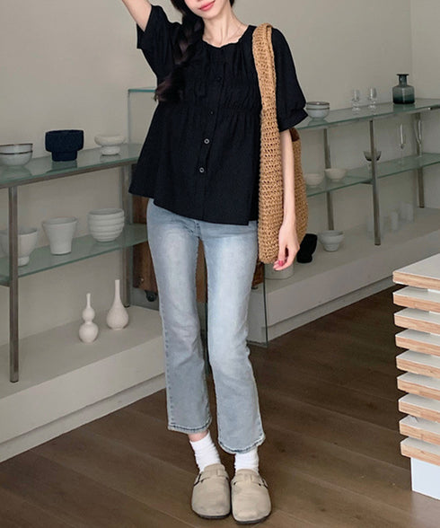 半袖シャツブラウス シャーリングトップス レディース パフスリーブブラウス 体型カバー ゆったり 大人可愛い 前開きブラウス お洒落 着やせ ラグランスリーブ夏服 84DLV-012