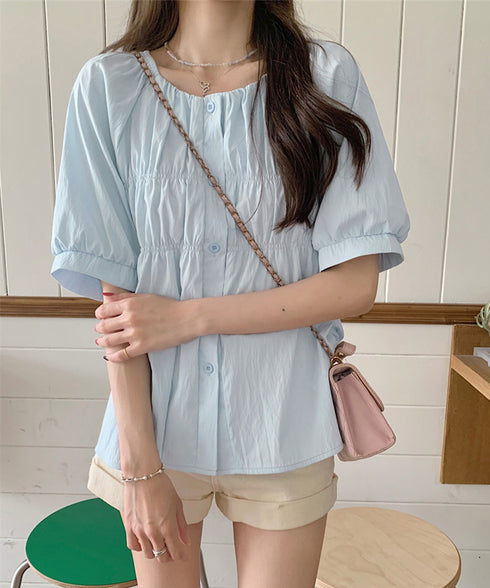 半袖シャツブラウス シャーリングトップス レディース パフスリーブブラウス 体型カバー ゆったり 大人可愛い 前開きブラウス お洒落 着やせ ラグランスリーブ夏服 84DLV-012
