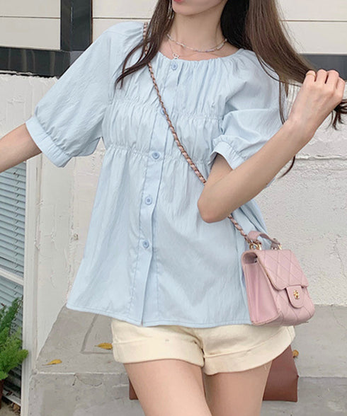 半袖シャツブラウス シャーリングトップス レディース パフスリーブブラウス 体型カバー ゆったり 大人可愛い 前開きブラウス お洒落 着やせ ラグランスリーブ夏服 84DLV-012