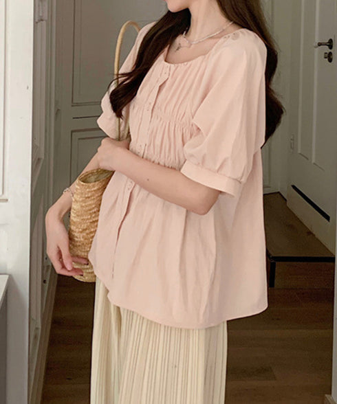 半袖シャツブラウス シャーリングトップス レディース パフスリーブブラウス 体型カバー ゆったり 大人可愛い 前開きブラウス お洒落 着やせ ラグランスリーブ夏服 84DLV-012