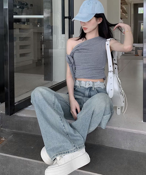 レースウエストデニムパンツビジューデニム レディース ラインストーンジーンズ ヴィンテージデニムロングパンツ ゆったりストレートパンツ 着やせジーパンハイウエスト 84DLV-015