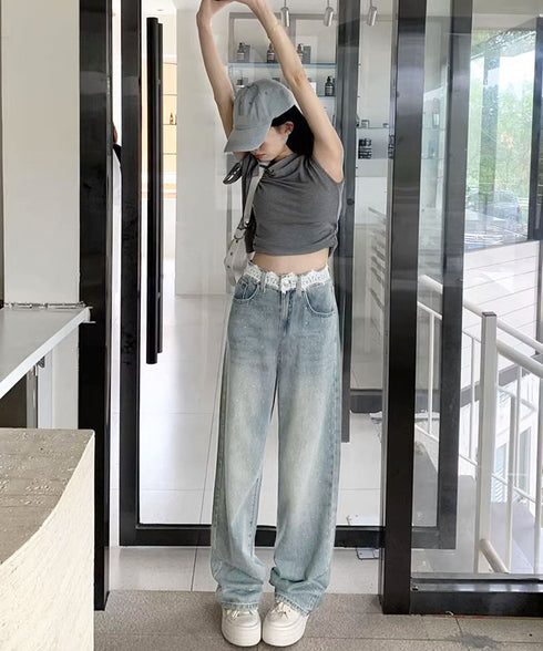 レースウエストデニムパンツビジューデニム レディース ラインストーンジーンズ ヴィンテージデニムロングパンツ ゆったりストレートパンツ 着やせジーパンハイウエスト 84DLV-015