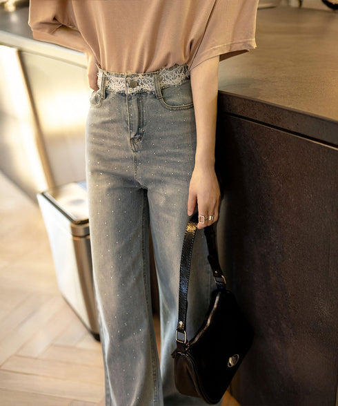 レースウエストデニムパンツビジューデニム レディース ラインストーンジーンズ ヴィンテージデニムロングパンツ ゆったりストレートパンツ 着やせジーパンハイウエスト 84DLV-015