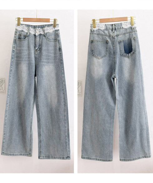 レースウエストデニムパンツビジューデニム レディース ラインストーンジーンズ ヴィンテージデニムロングパンツ ゆったりストレートパンツ 着やせジーパンハイウエスト 84DLV-015