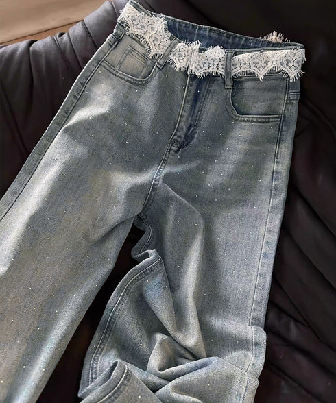 レースウエストデニムパンツビジューデニム レディース ラインストーンジーンズ ヴィンテージデニムロングパンツ ゆったりストレートパンツ 着やせジーパンハイウエスト 84DLV-015