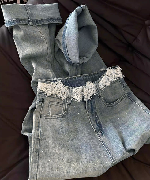 レースウエストデニムパンツビジューデニム レディース ラインストーンジーンズ ヴィンテージデニムロングパンツ ゆったりストレートパンツ 着やせジーパンハイウエスト 84DLV-015