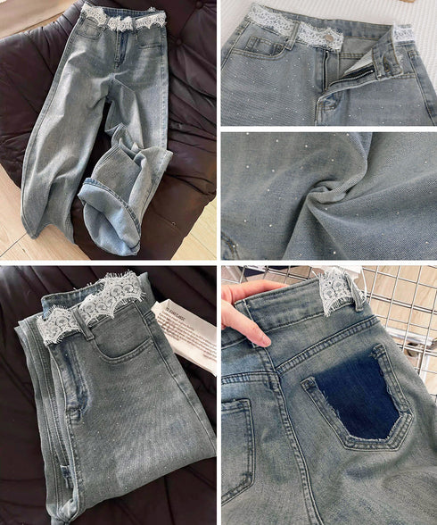 レースウエストデニムパンツビジューデニム レディース ラインストーンジーンズ ヴィンテージデニムロングパンツ ゆったりストレートパンツ 着やせジーパンハイウエスト 84DLV-015