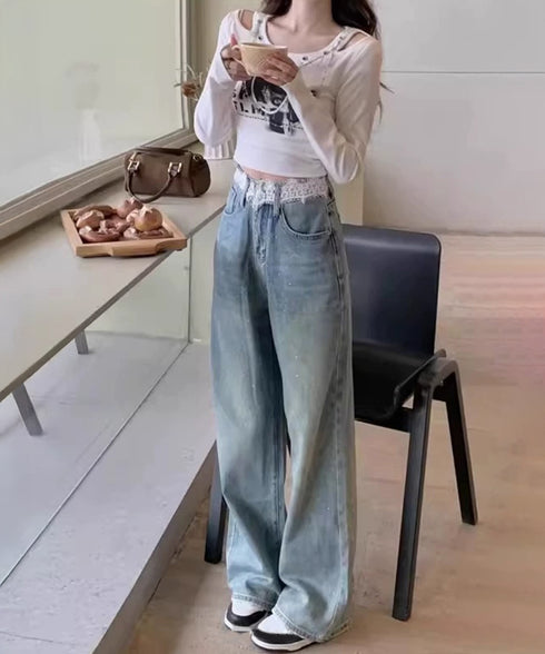 レースウエストデニムパンツビジューデニム レディース ラインストーンジーンズ ヴィンテージデニムロングパンツ ゆったりストレートパンツ 着やせジーパンハイウエスト 84DLV-015