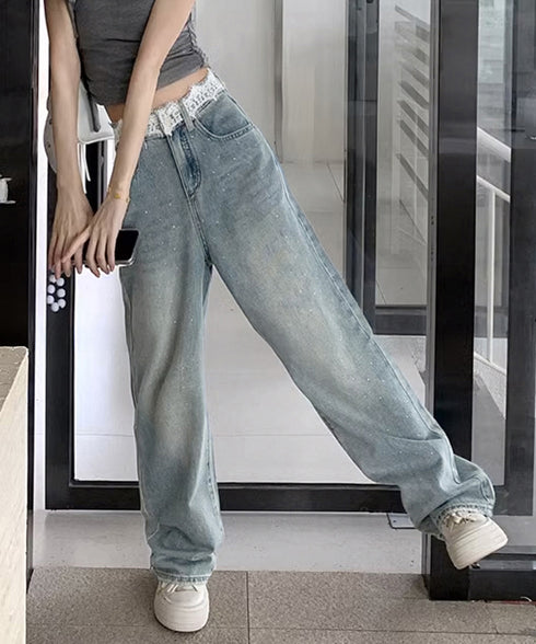 レースウエストデニムパンツビジューデニム レディース ラインストーンジーンズ ヴィンテージデニムロングパンツ ゆったりストレートパンツ 着やせジーパンハイウエスト 84DLV-015