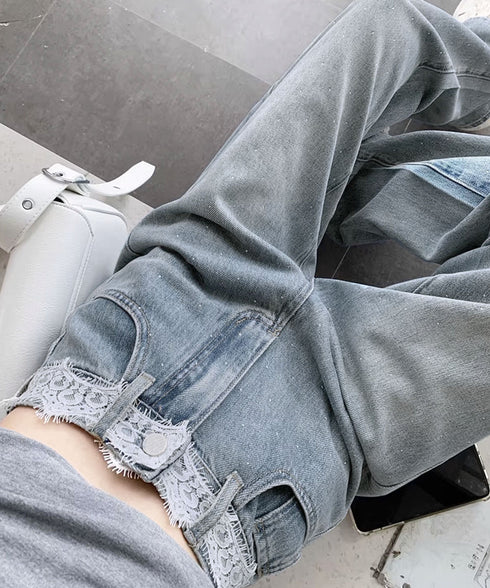 レースウエストデニムパンツビジューデニム レディース ラインストーンジーンズ ヴィンテージデニムロングパンツ ゆったりストレートパンツ 着やせジーパンハイウエスト 84DLV-015