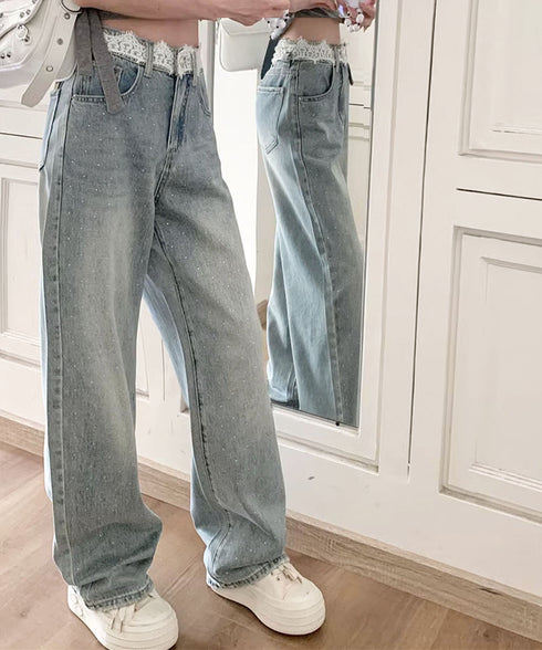 レースウエストデニムパンツビジューデニム レディース ラインストーンジーンズ ヴィンテージデニムロングパンツ ゆったりストレートパンツ 着やせジーパンハイウエスト 84DLV-015