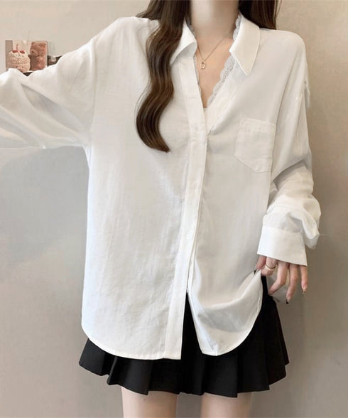 シャツブラウス長袖 レース襟シャツ春秋夏 フェイクレイヤード Vネックシャツ オフィスカジュアルトップス 20代30代40代 着やせ ゆったり シャツカーディガン 84DLV-016