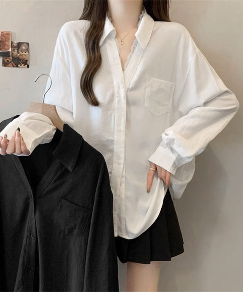 シャツブラウス長袖 レース襟シャツ春秋夏 フェイクレイヤード Vネックシャツ オフィスカジュアルトップス 20代30代40代 着やせ ゆったり シャツカーディガン 84DLV-016