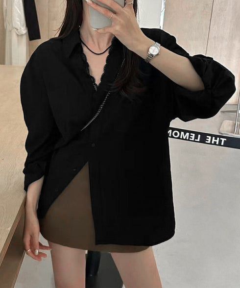 シャツブラウス長袖 レース襟シャツ春秋夏 フェイクレイヤード Vネックシャツ オフィスカジュアルトップス 20代30代40代 着やせ ゆったり シャツカーディガン 84DLV-016