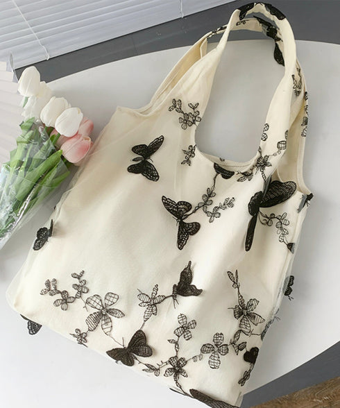 蝶モチーフトートバッグ大容量肩掛けバッグ レディース バタフライ刺しゅう キャンバスバッグ 通勤通学軽量手提げバッグ a4対応大きめ鞄普段使い きれいめカジュアル 84DUYU-005