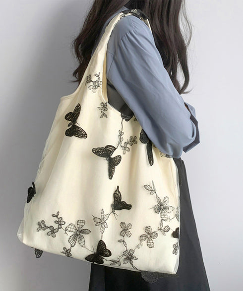 蝶モチーフトートバッグ大容量肩掛けバッグ レディース バタフライ刺しゅう キャンバスバッグ 通勤通学軽量手提げバッグ a4対応大きめ鞄普段使い きれいめカジュアル 84DUYU-005