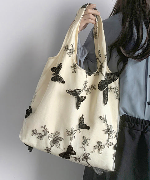 蝶モチーフトートバッグ大容量肩掛けバッグ レディース バタフライ刺しゅう キャンバスバッグ 通勤通学軽量手提げバッグ a4対応大きめ鞄普段使い きれいめカジュアル 84DUYU-005