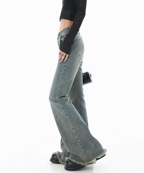 裾フリンジフレアデニムパンツ ローエッジ ベルボトムジーンズ レディース ヴィンテージ風ロングパンツ着やせ 美脚脚長ブーツカットデニム 細見えジーパン細身ボトムス 84FANHE-001
