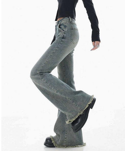 裾フリンジフレアデニムパンツ ローエッジ ベルボトムジーンズ レディース ヴィンテージ風ロングパンツ着やせ 美脚脚長ブーツカットデニム 細見えジーパン細身ボトムス 84FANHE-001