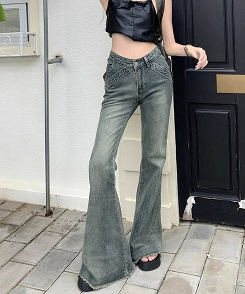 裾フリンジフレアデニムパンツ ローエッジ ベルボトムジーンズ レディース ヴィンテージ風ロングパンツ着やせ 美脚脚長ブーツカットデニム 細見えジーパン細身ボトムス 84FANHE-001