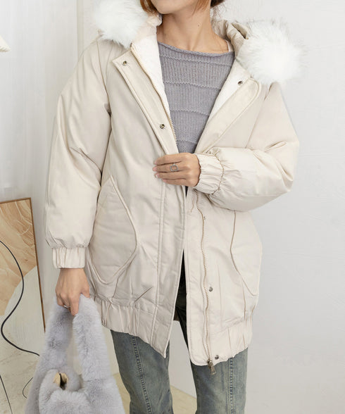 ダウンコート エコダウンジャケット 防寒 レディース ゆったりフーディーコート 中綿ブルゾン ファーフード付き 防風中綿コート 厚手暖かいアウター 体型カバー冬服 84FEINIAO-001