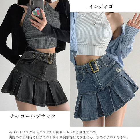 ミニデニムプリーツスカート ベルト付き ハイウエスト フレアスカート 韓国Aラインスカート レディース 細見えショートスカート おしゃれ ミニボックススカート 84GAY-001