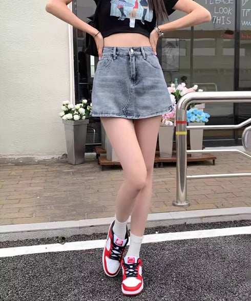 デニムスカパン キュロットスカート韓国風 レディース ハイウエスト ミニ丈スカート 着やせ ショートデニムパンツ 美尻美脚 Aラインスカパン お洒落脚長ショーパン 84GAY-002