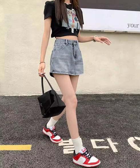 デニムスカパン キュロットスカート韓国風 レディース ハイウエスト ミニ丈スカート 着やせ ショートデニムパンツ 美尻美脚 Aラインスカパン お洒落脚長ショーパン 84GAY-002