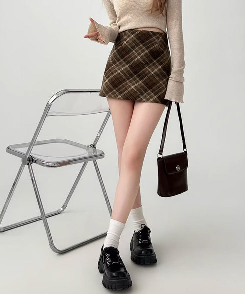 レトロチェック柄ミニスカートハイウエスト レディース ショートスカート インナーパンツ付き タイトスカート お出かけ 膝上丈Aラインスカート おしゃれ 美脚脚長 84GAY-003