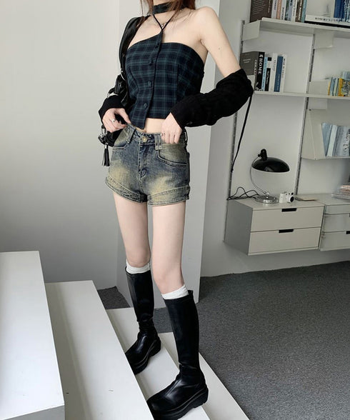 ウォッシュデニムショートパンツレディース ブリーチデニムショーパン 美脚脚長ジーパン おしゃれ アメカジホットパンツ細見え 美尻ジーンズ レトロ短パン オルチャン 84GAY-005