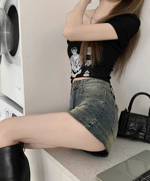 ウォッシュデニムショートパンツレディース ブリーチデニムショーパン 美脚脚長ジーパン おしゃれ アメカジホットパンツ細見え 美尻ジーンズ レトロ短パン オルチャン 84GAY-005