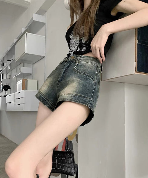 ウォッシュデニムショートパンツレディース ブリーチデニムショーパン 美脚脚長ジーパン おしゃれ アメカジホットパンツ細見え 美尻ジーンズ レトロ短パン オルチャン 84GAY-005
