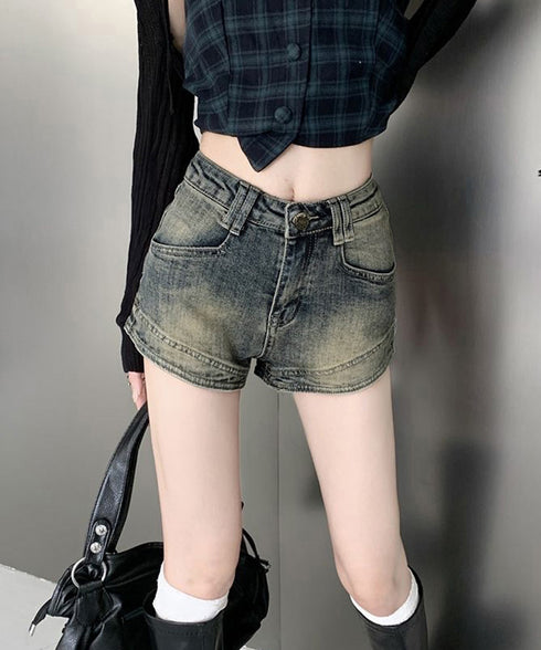ウォッシュデニムショートパンツレディース ブリーチデニムショーパン 美脚脚長ジーパン おしゃれ アメカジホットパンツ細見え 美尻ジーンズ レトロ短パン オルチャン 84GAY-005