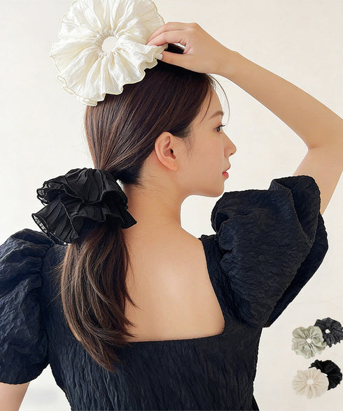 フリルシュシュ 大きめボリュームヘアゴム 韓国風フェミニンヘアアクセサリー ふんわりヘアシュシュ ボニーテール髪飾り 大人可愛いヘアアレンジ ハーフアップまとめ髪 84GUANIU-001