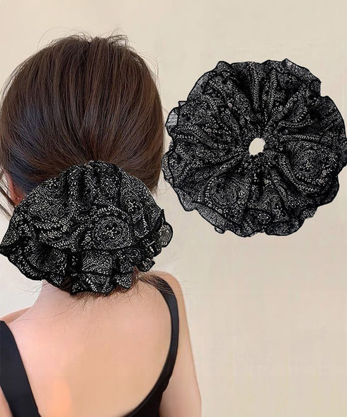 フリルシュシュ 大きめボリュームヘアゴム 韓国風フェミニンヘアアクセサリー ふんわりヘアシュシュ ボニーテール髪飾り 大人可愛いヘアアレンジ ハーフアップまとめ髪 84GUANIU-001