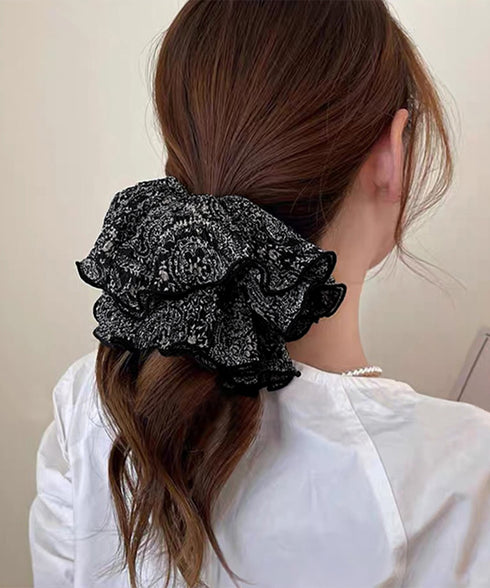 フリルシュシュ 大きめボリュームヘアゴム 韓国風フェミニンヘアアクセサリー ふんわりヘアシュシュ ボニーテール髪飾り 大人可愛いヘアアレンジ ハーフアップまとめ髪 84GUANIU-001
