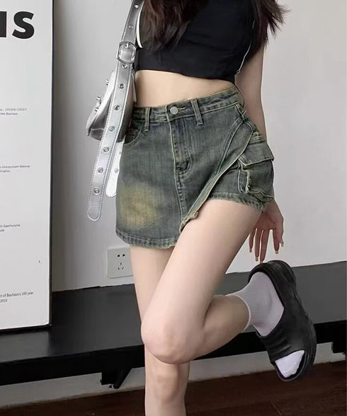 ラップスカート風デニムショートパンツ春夏 ハイウエスト ウォッシュデニム 美脚脚長 短パン ジーンズ お洒落 キュロットパンツレディース 台形ミニスカパン 細見え 84GZYM-002