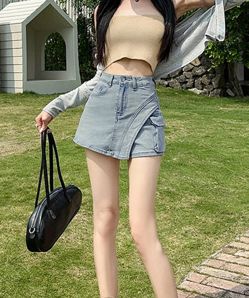 ラップスカート風デニムショートパンツ春夏 ハイウエスト ウォッシュデニム 美脚脚長 短パン ジーンズ お洒落 キュロットパンツレディース 台形ミニスカパン 細見え 84GZYM-002