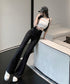 フレアスキニーパンツウエストカットアウト リボンベルトスリムパンツ レディースストレッチパンツ ハイウエストリラックスパンツ春夏秋 韓国風無地ロングパンツきれいめ 84GZYM-003
