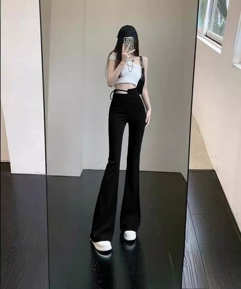 フレアスキニーパンツウエストカットアウト リボンベルトスリムパンツ レディースストレッチパンツ ハイウエストリラックスパンツ春夏秋 韓国風無地ロングパンツきれいめ 84GZYM-003